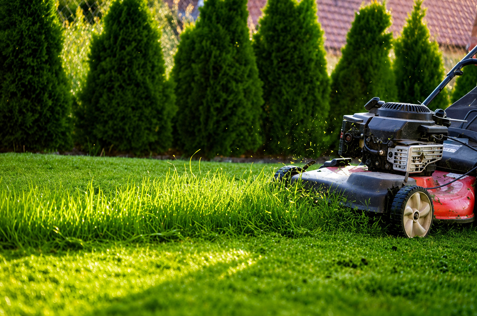 Lawn mower cutting a bright green lawn in front of trimmed hedges